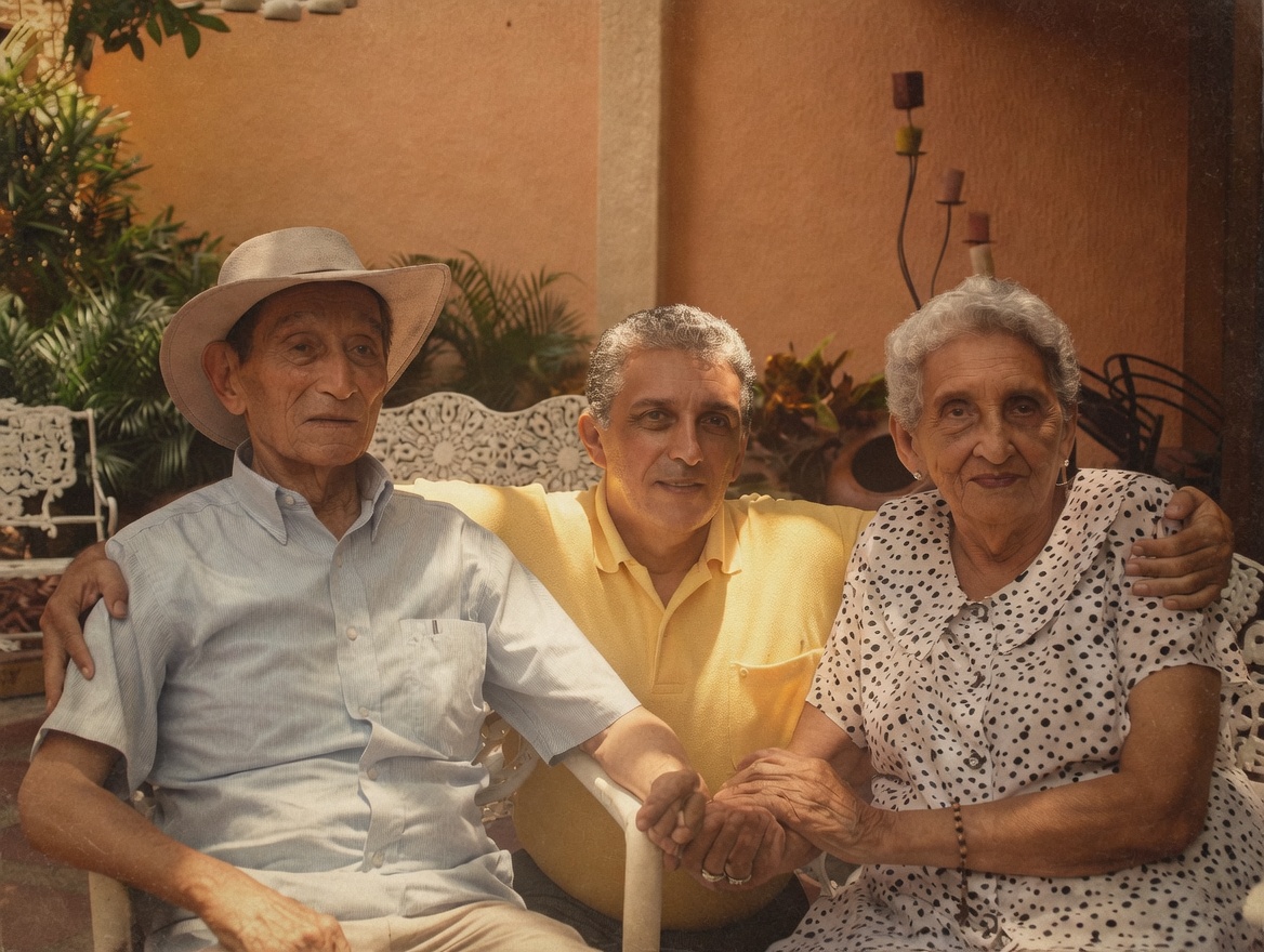 Santander Durán Escalona junto a sus padres en el patio de la casa familiar